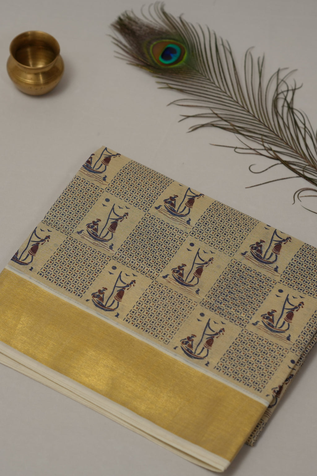 GOLD TISSUE FOLK ART KERALA SET SAREE
