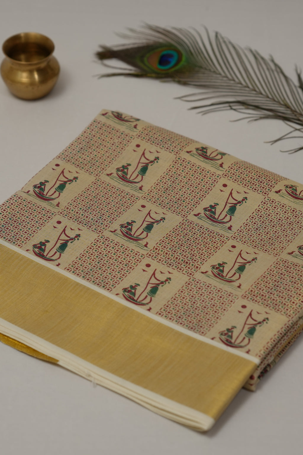 GOLD TISSUE FOLK ART KERALA SET SAREE