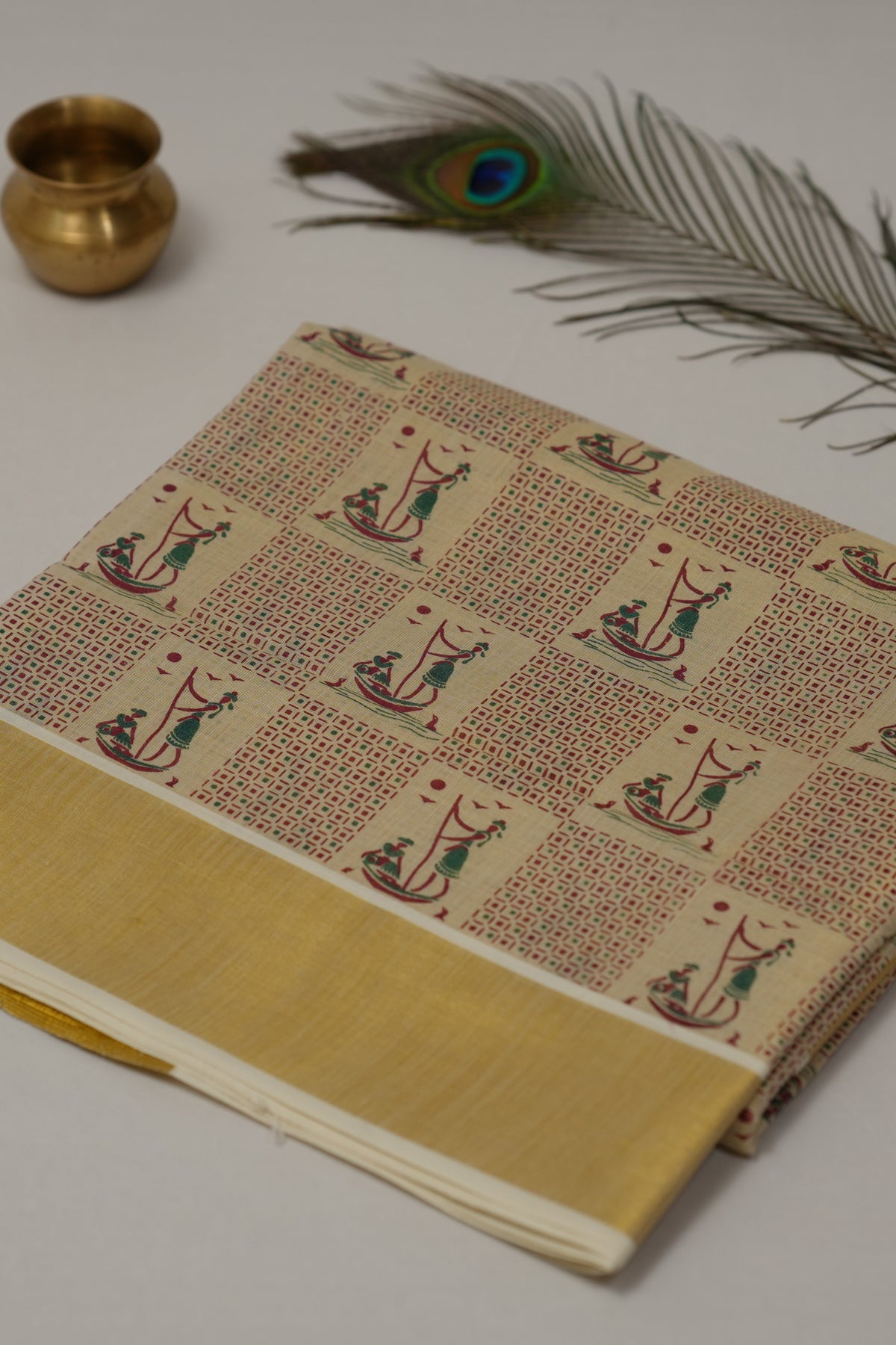GOLD TISSUE FOLK ART KERALA SET SAREE