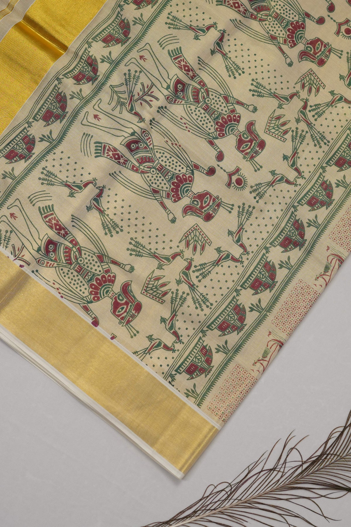 GOLD TISSUE FOLK ART KERALA SET SAREE