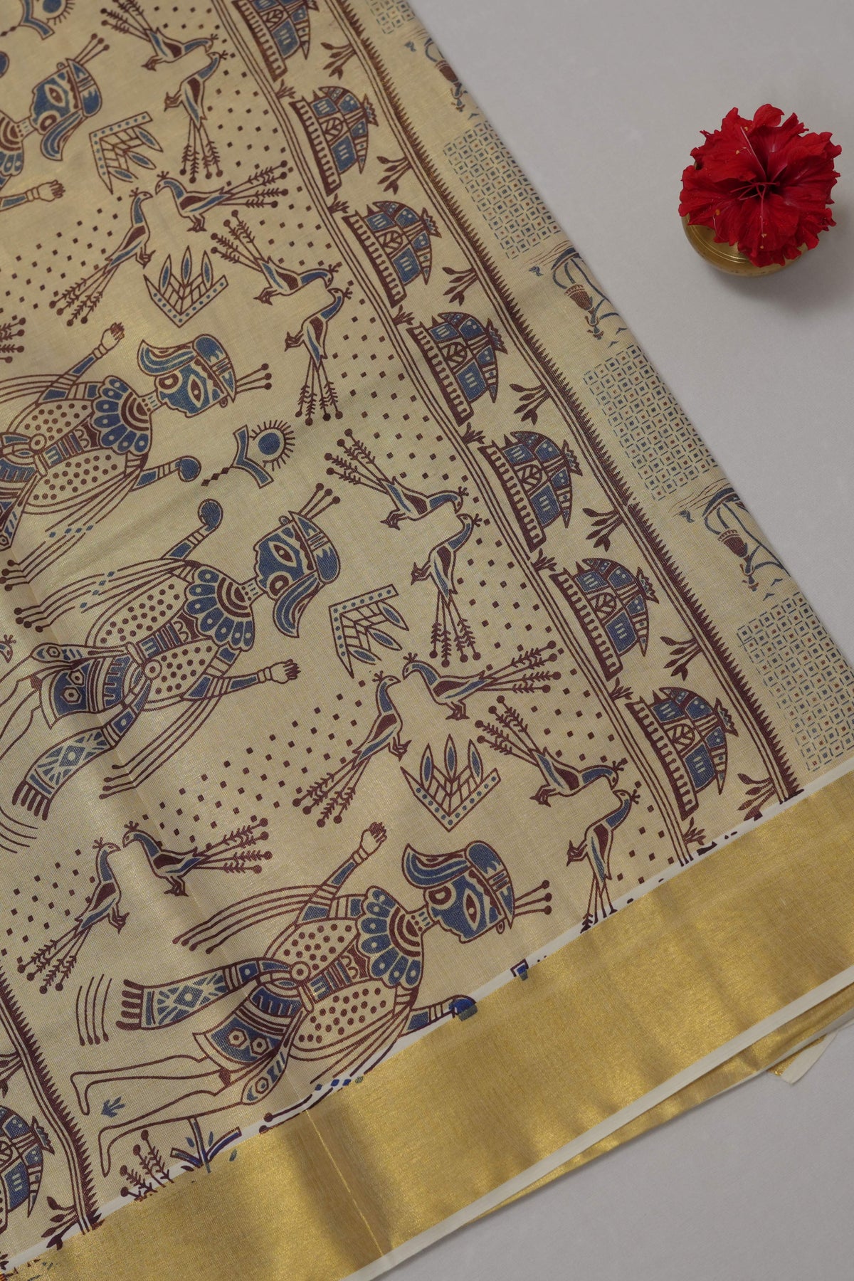 GOLD TISSUE FOLK ART KERALA SET SAREE