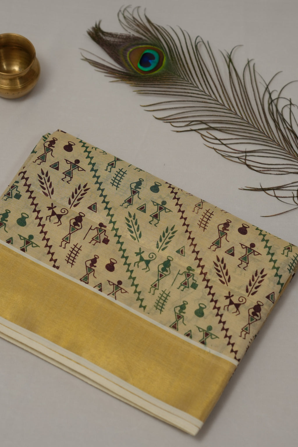 GOLD TISSUE TRIBAL FOLK ART KERALA SET SAREE