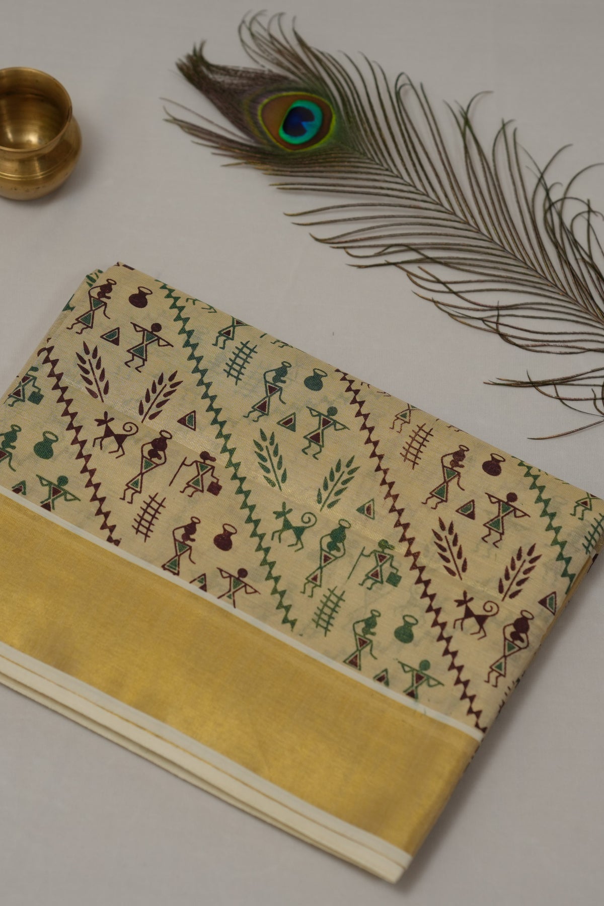 GOLD TISSUE TRIBAL FOLK ART KERALA SET SAREE