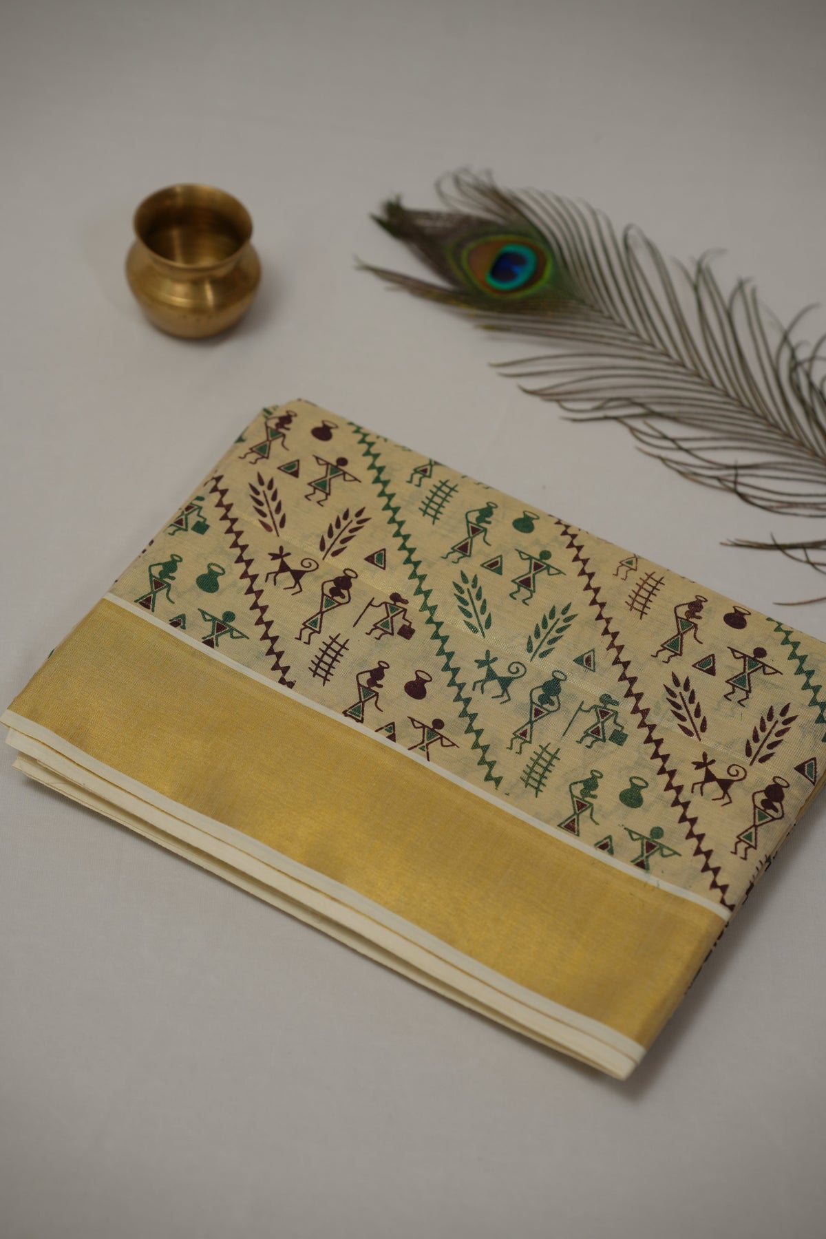 GOLD TISSUE TRIBAL FOLK ART KERALA SET SAREE