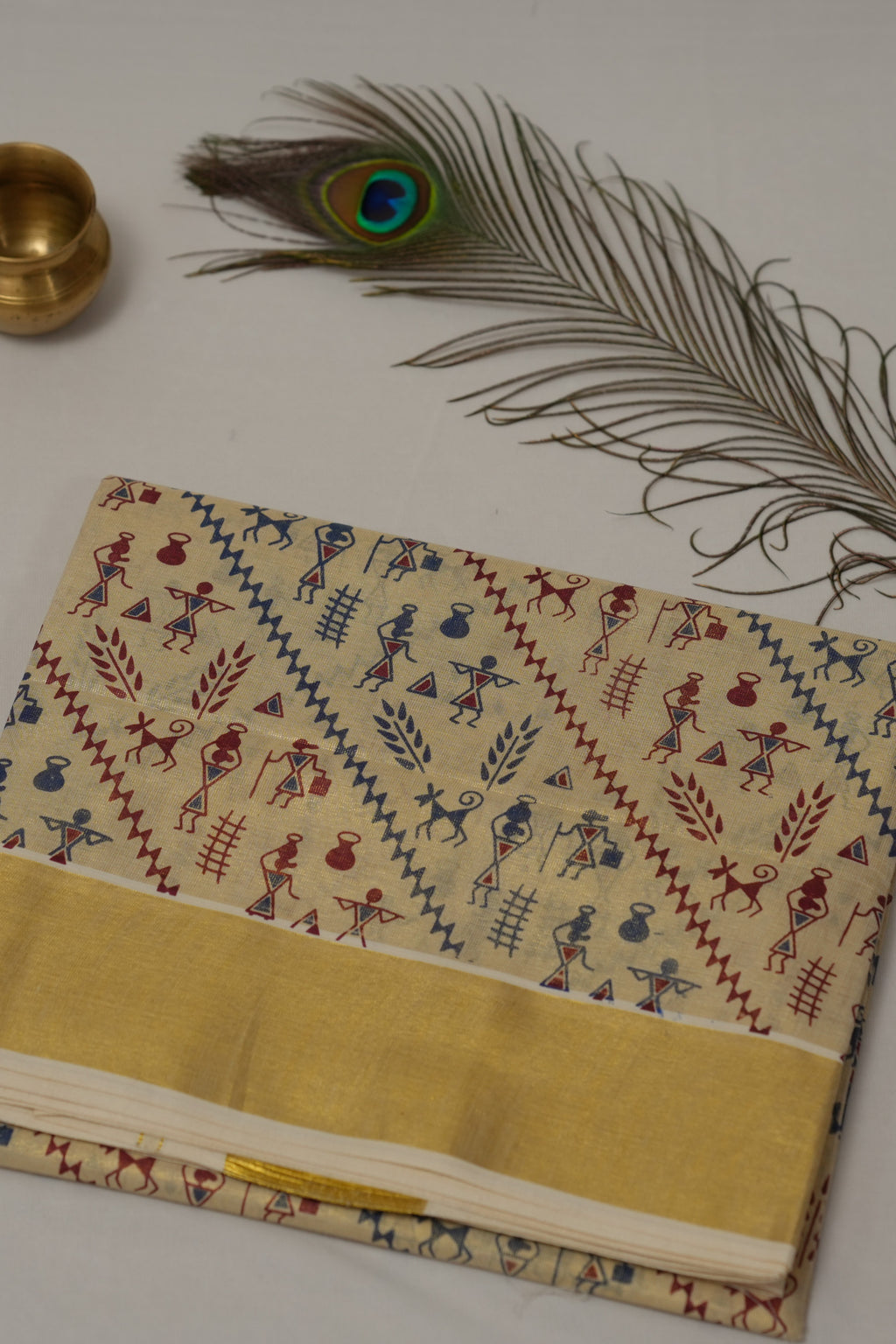 GOLD TISSUE TRIBAL FOLK ART KERALA SET SAREE