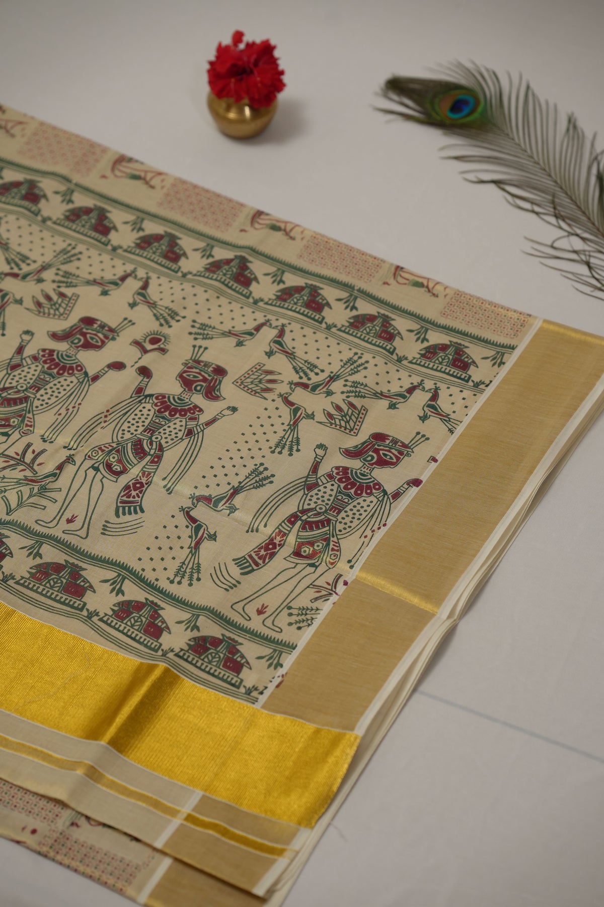 GOLD TISSUE TRIBAL FOLK ART KERALA SET SAREE