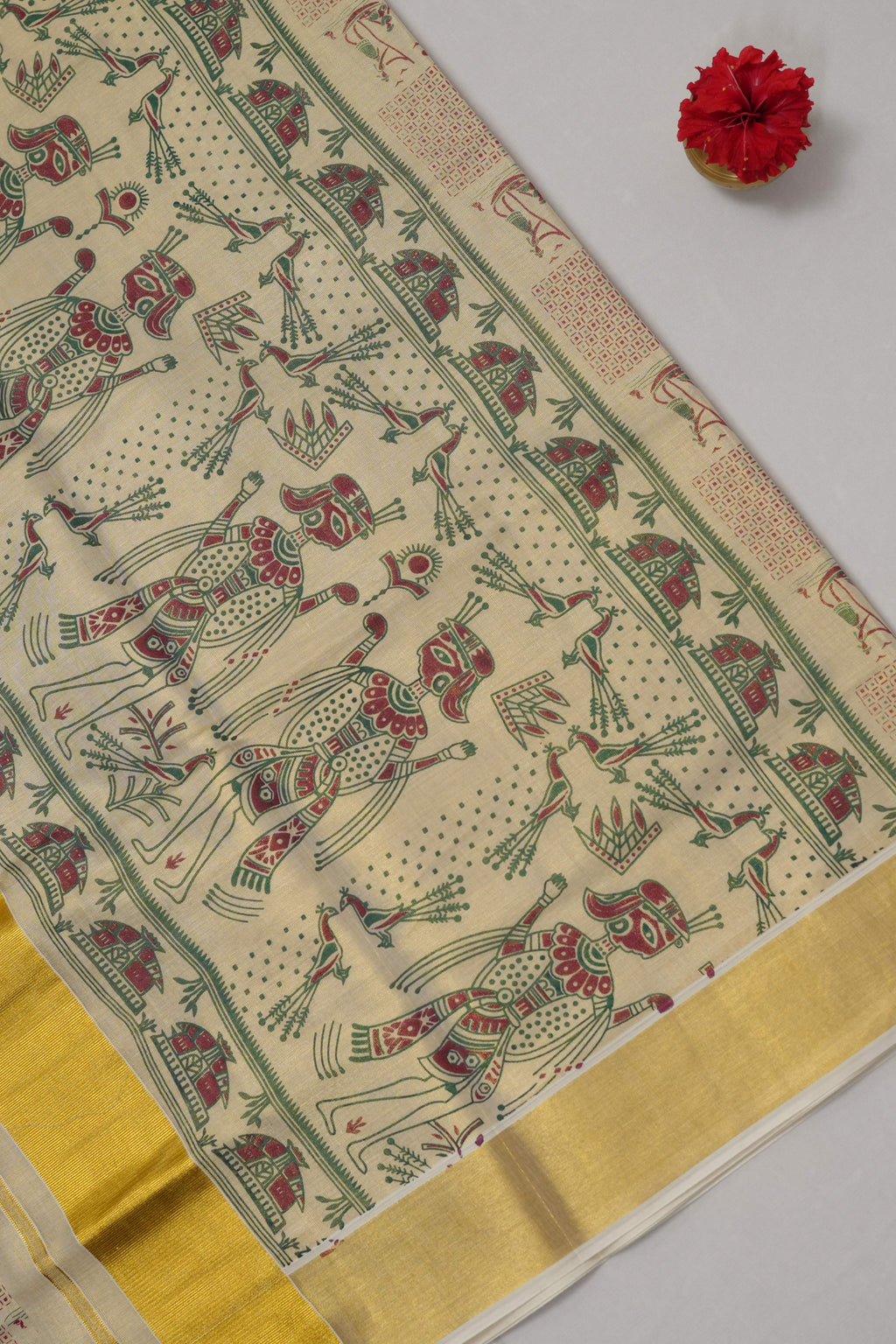 GOLD TISSUE TRIBAL FOLK ART KERALA SET SAREE