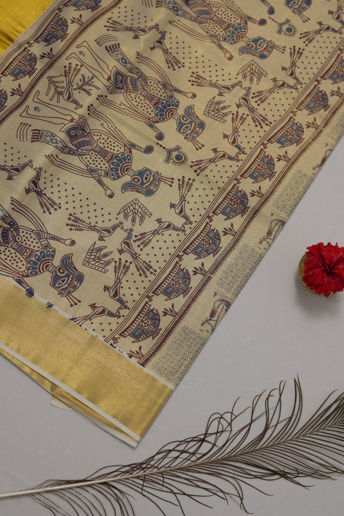 GOLD TISSUE TRIBAL FOLK ART KERALA SET SAREE