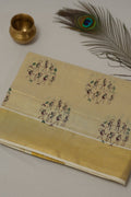 GOLD TISSUE TRIBAL MOTIF PRINT KERALA SET SAREE