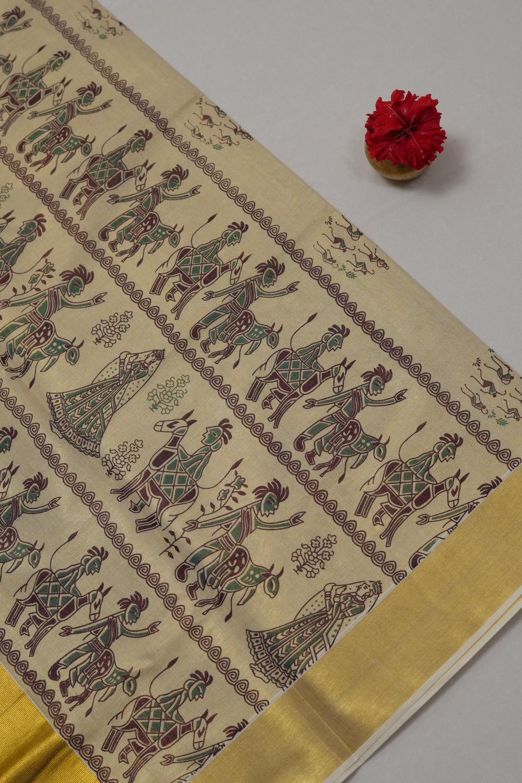 GOLD TISSUE TRIBAL MOTIF PRINT KERALA SET SAREE