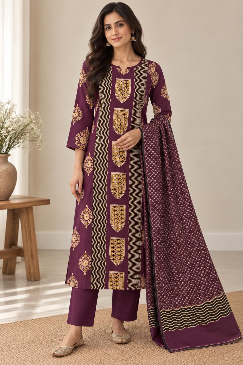 AJRAKH HERITAGE COTTON SUIT SET (PLUM)