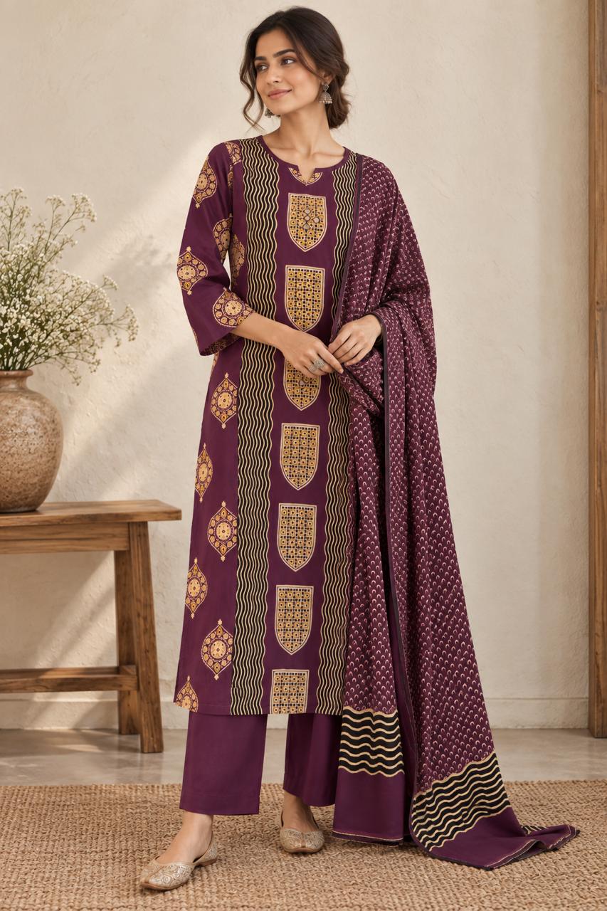 AJRAKH HERITAGE COTTON SUIT SET (PLUM)