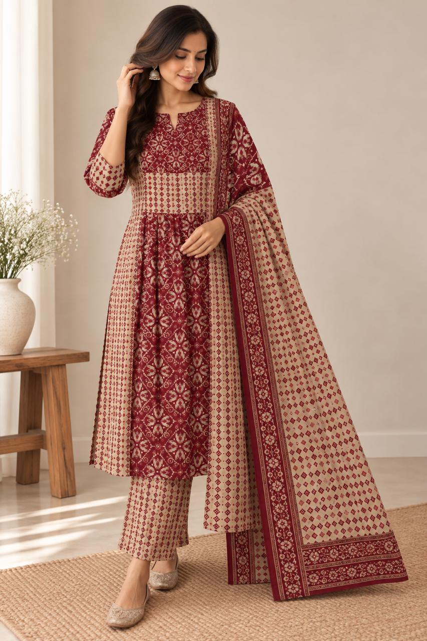 IKAT ARTISAN COTTON SUIT SET (MAROON)