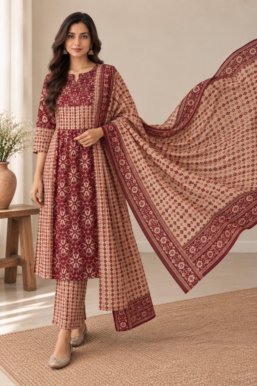 IKAT ARTISAN COTTON SUIT SET (MAROON)