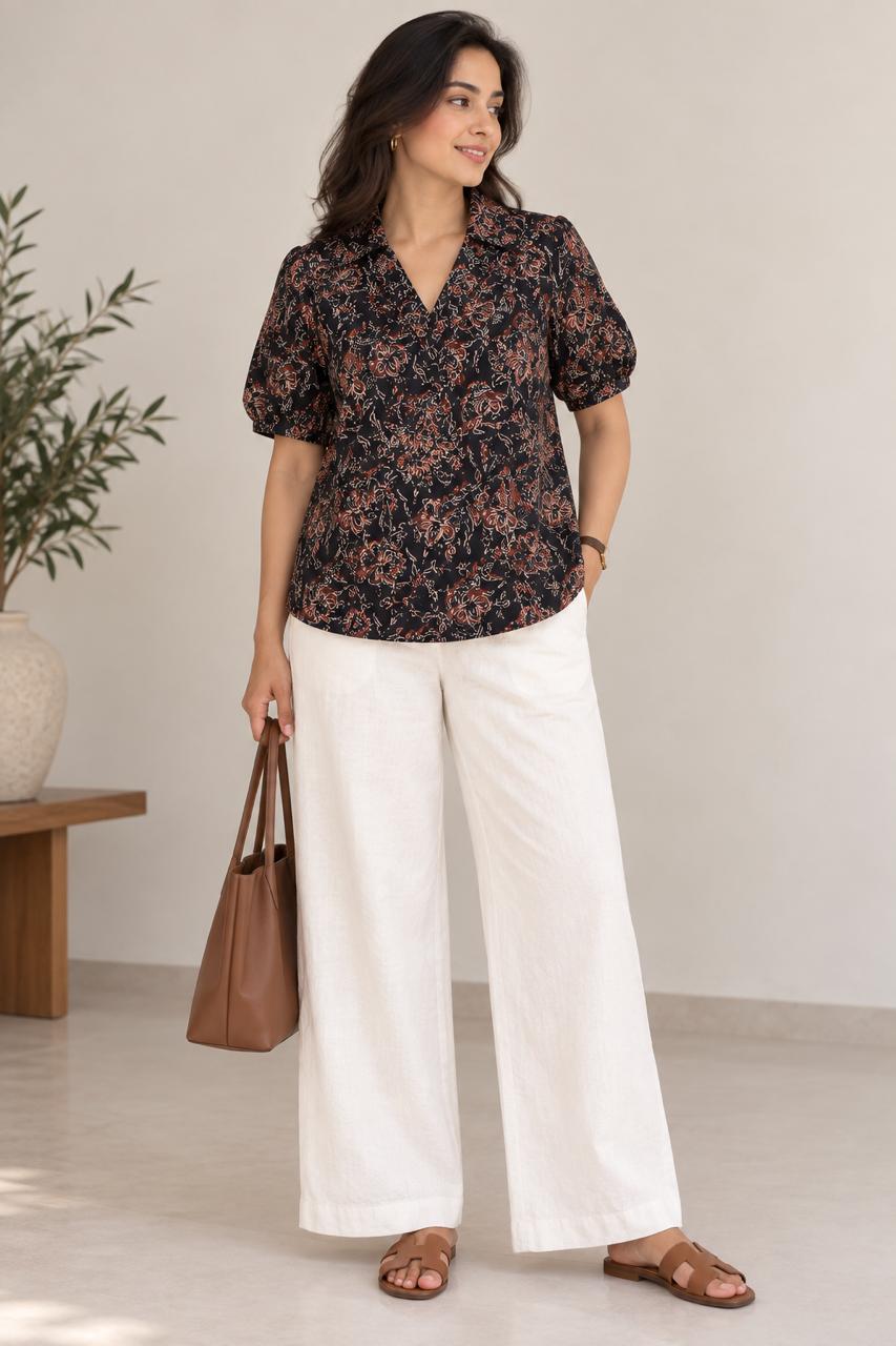 FLORAL SHIRT COTTON TUNIC (BLACK)
