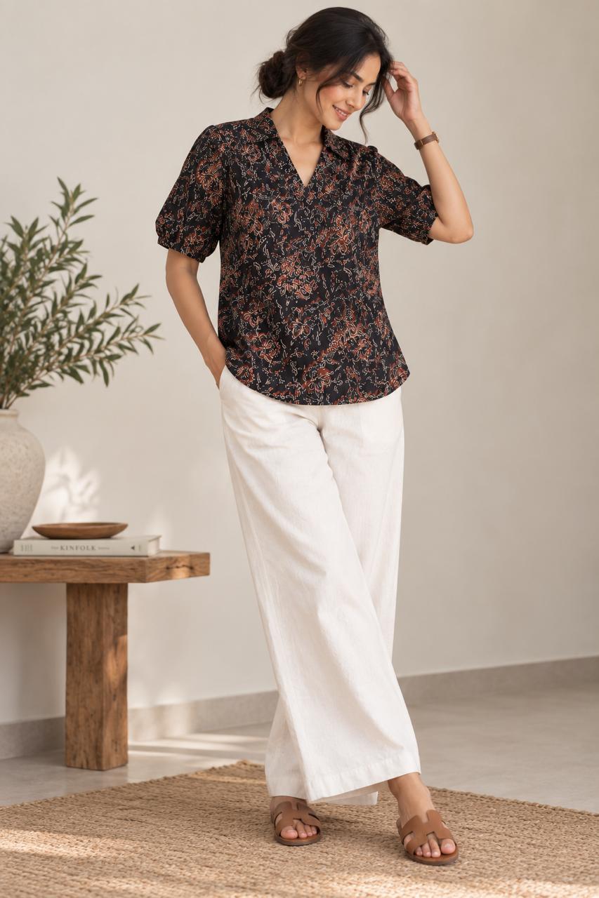 FLORAL SHIRT COTTON TUNIC (BLACK)