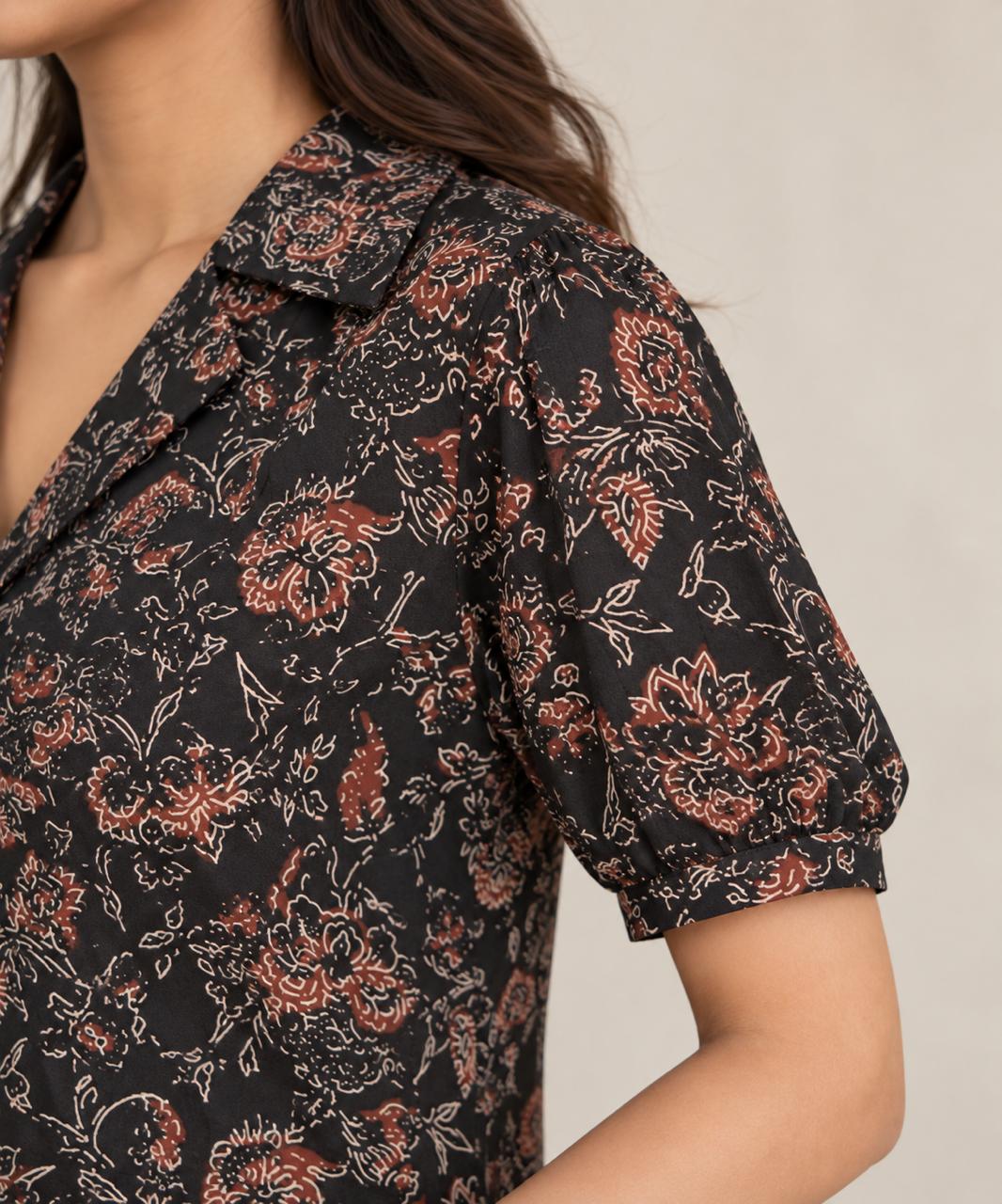 FLORAL SHIRT COTTON TUNIC (BLACK)