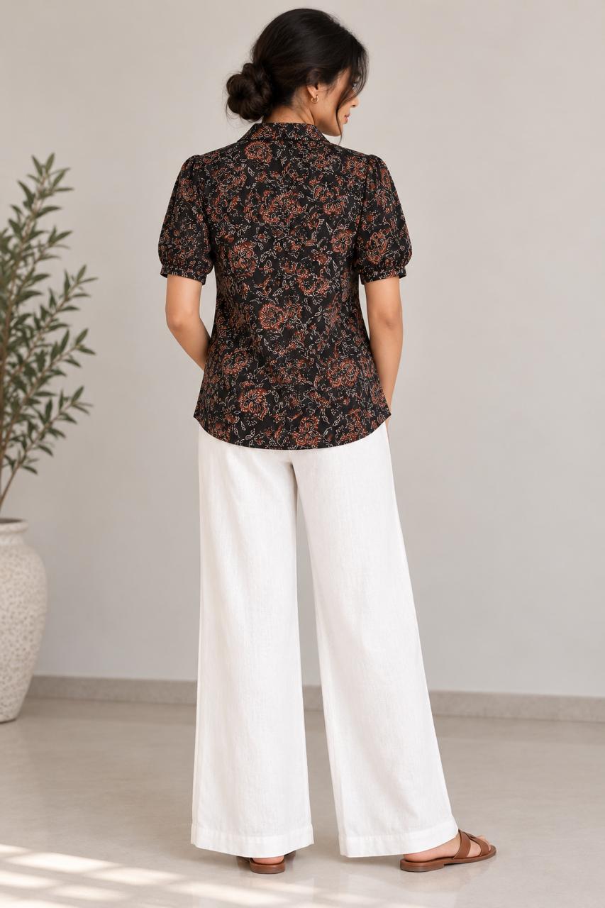 FLORAL SHIRT COTTON TUNIC (BLACK)