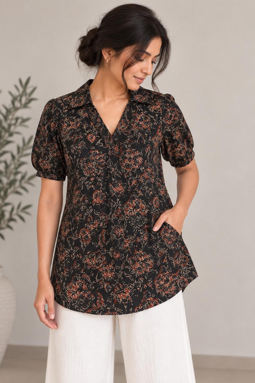 FLORAL SHIRT COTTON TUNIC (BLACK)