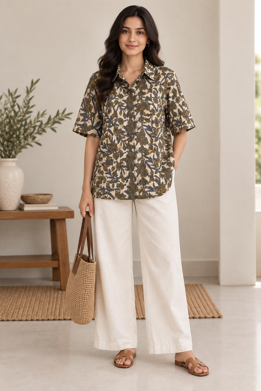 FLORAL SHIRT COTTON TUNIC (GREY)