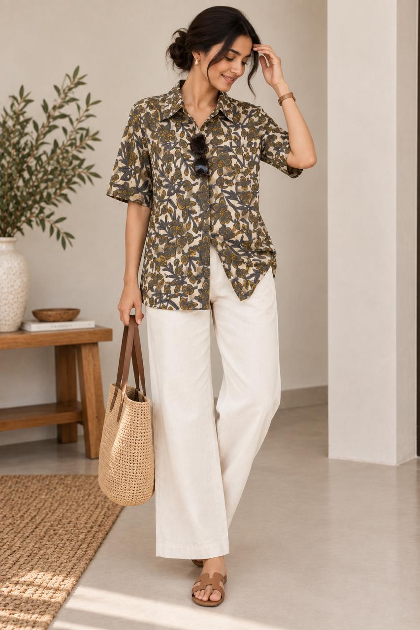 FLORAL SHIRT COTTON TUNIC (GREY)