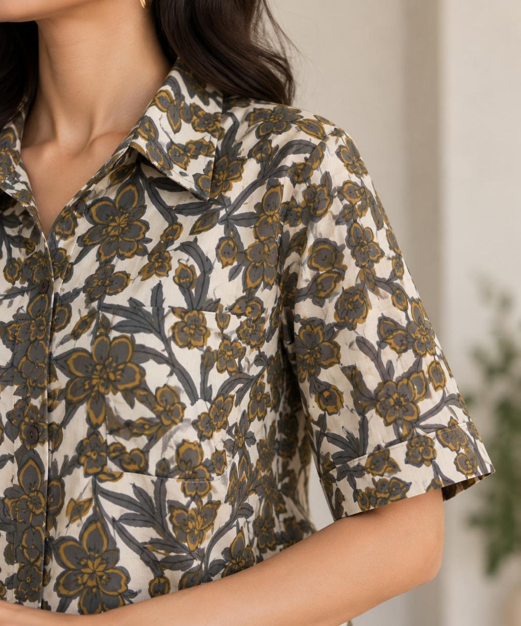 FLORAL SHIRT COTTON TUNIC (GREY)