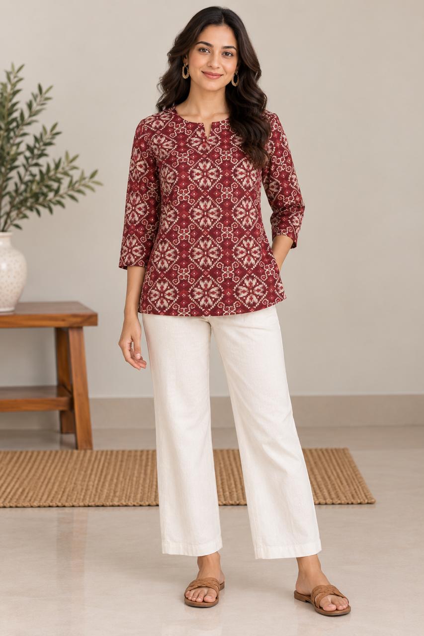 IKAT MOSAIC COTTON TUNIC (MAROON)