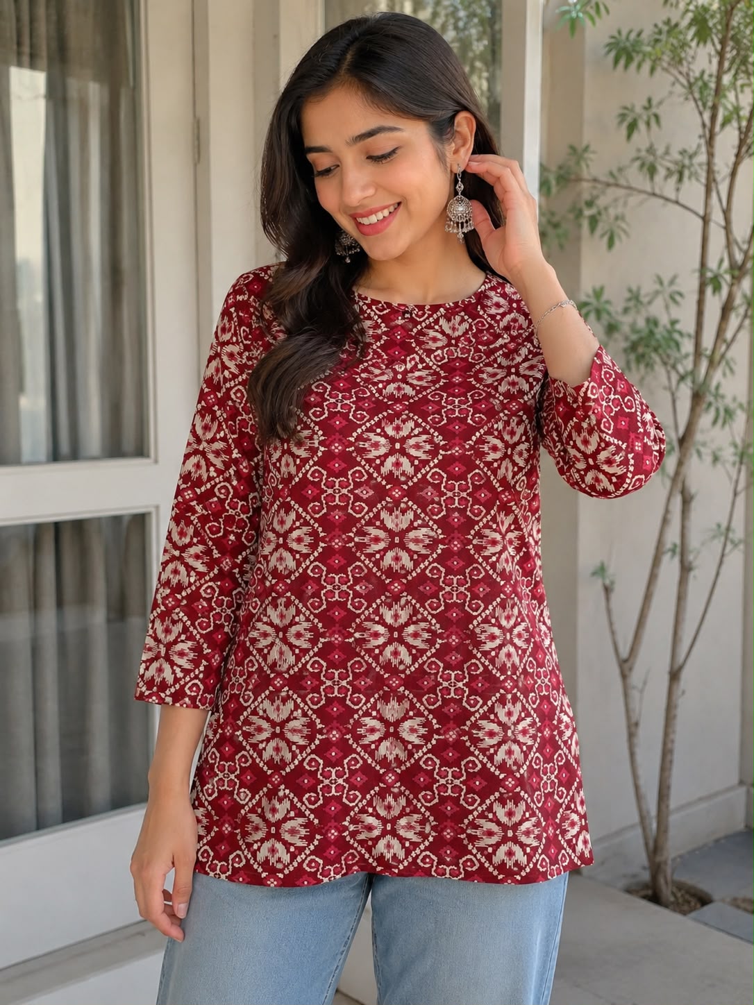 IKAT MOSAIC COTTON TUNIC (MAROON)