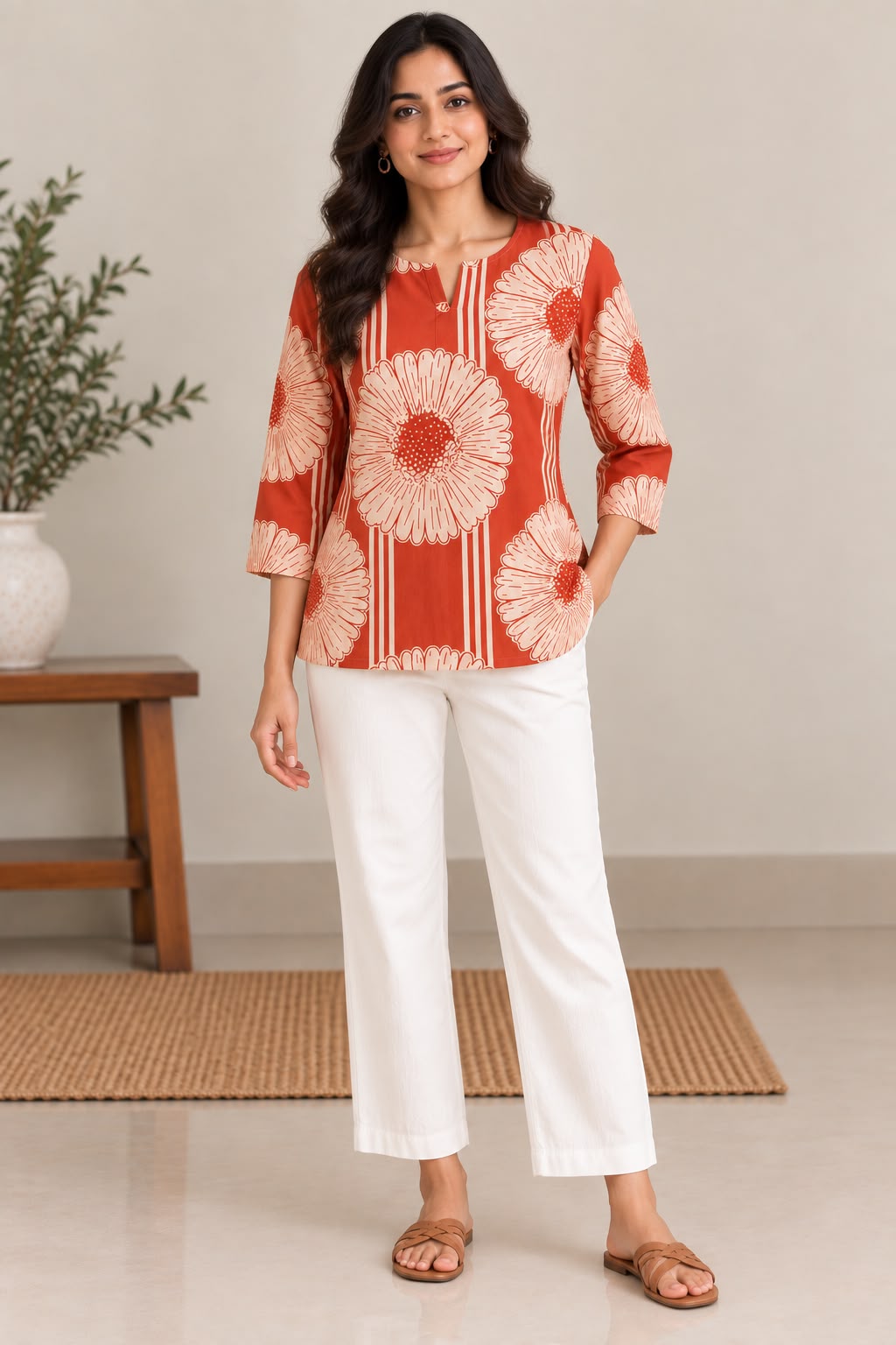 BLOOM STRIPE COTTON TUNIC (ORANGE)