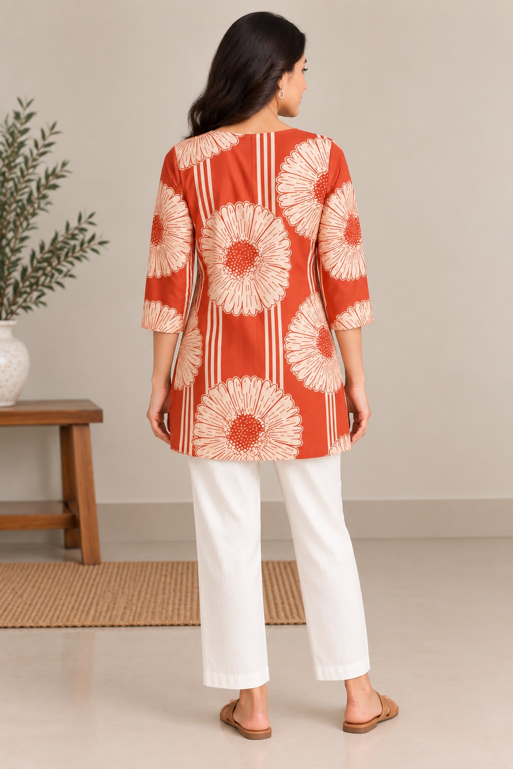 BLOOM STRIPE COTTON TUNIC (ORANGE)