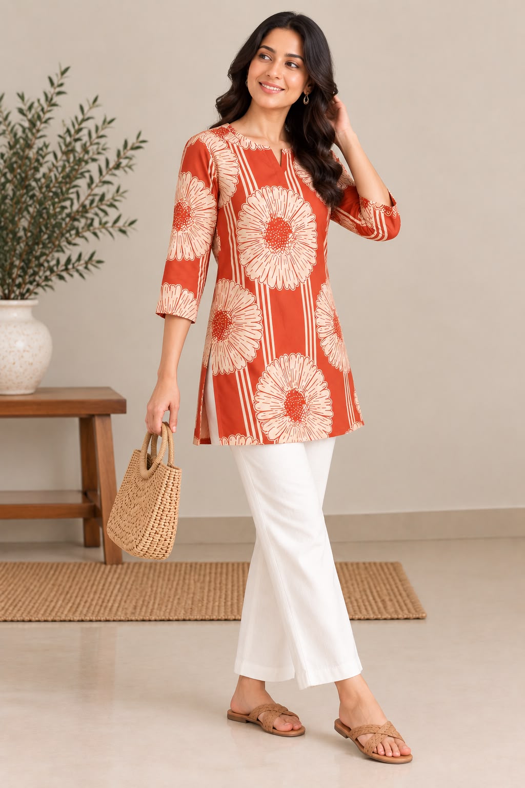 BLOOM STRIPE COTTON TUNIC (ORANGE)
