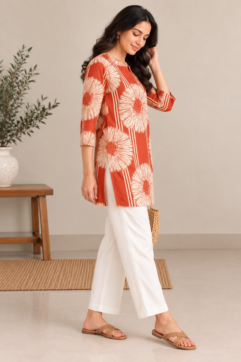 BLOOM STRIPE COTTON TUNIC (ORANGE)